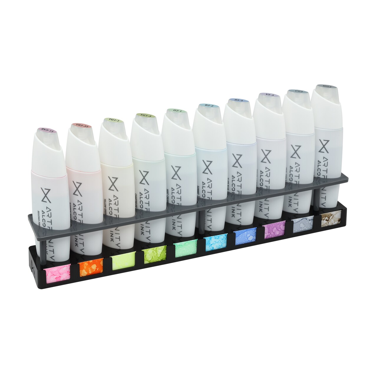 Artfinity Alcohol Ink Set of 10 Colors (25 ml) with Free Acrylic Stand - For Painting or Alcohol Marker Refill Ink, Acid-Free, Fast-Drying, Permanent, Transparent, Includes Template for Swatches